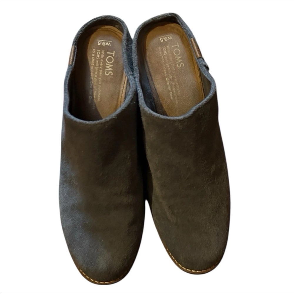 TOMS Leila Blue Grey Suede Block Heel Mules Sz. 9.5